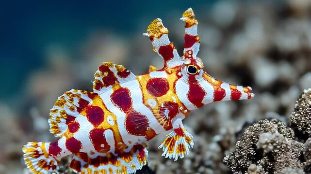 Striking close up of a ornate ghost pipefish with red, white, and gold markings on coral reef