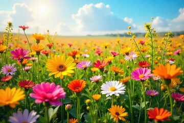 Obraz premium A large, irregular mass of vibrant summer flowers, bursting with color and texture, sits in a sun-drenched field, conveying a sense of abundance and carefree joy , growth, lush