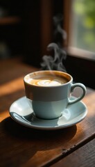 Steaming coffee, rich wood table texture, copy space, image, copy space, delicious