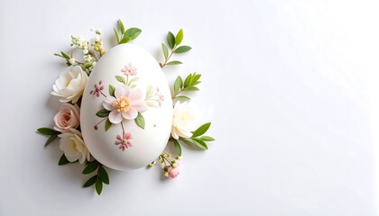 Elegant white Easter egg adorned with delicate flowers and leaves, on a bright white background, celebrating spring.