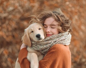 Random Acts Of Light Day Warm Embrace Young Woman Hugging Golden Retriever Puppy Amid Autumn Leaves for Fall Kindness and Giving Tuesday Promotions