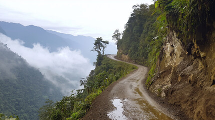 World Road Safety Day Narrow Winding Mountain Road With Cliff View: Highlighting Travel Risks, Remote Area Safety, And Sustainable Transportation