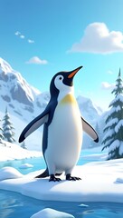 Obraz premium a happy penguin sliding on ice with arms outstretched in a snowy arctic landscape.