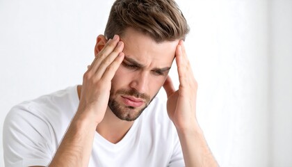 Naklejka premium Man holding his temples with pained expression, possibly suffering from headache or stress.