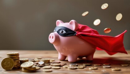 Cute pink piggy bank wea a black mask and red cape standing next to stacks of coins and falling bills symbolizing savings and financial security