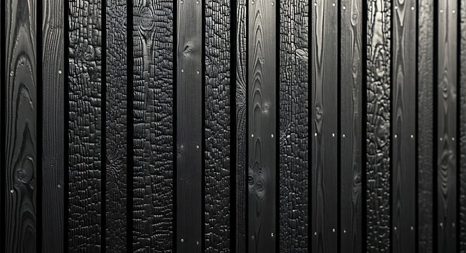 Dramatic Charred Wood Background, Yakisugi Wall Detail, Vertical Wood Grain Pattern