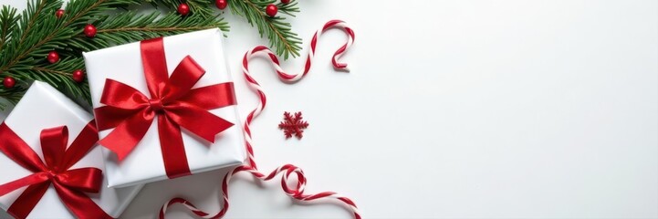 Wrapped presents, pine boughs, red accents on white , gift wrapping, festive background
