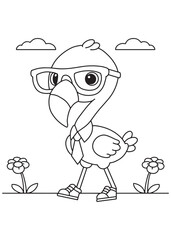 Coloring book flamingo wearing eyeglasses and a tie, happily walking with clouds and flowers around