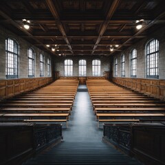 Obraz premium Empty auditorium with wooden pews and high ceilings