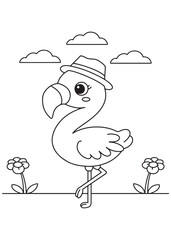 Coloring book flamingo wearing a charming fedora, balancing gracefully on one leg under fluffy clouds