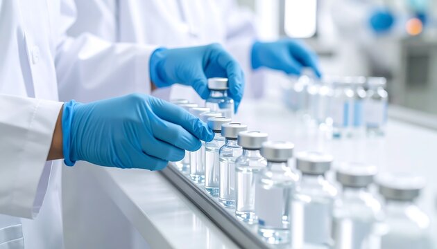 Scientists in blue gloves handle rows of vials in a bright laboratory, focusing on production or testing.