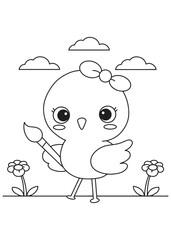 Coloring book flamingo with a cute bow, happily holding a paintbrush ready to create art 