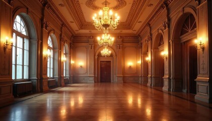 Obraz premium Elegant ballroom interior, grand chandeliers illuminate polished floors and ornate walls, perfect for dance or event backgrounds Ideal for invitations, websites, and more , architecture, gold