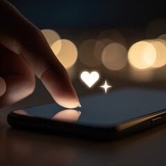 Finger taps glowing heart on phone screen at night