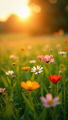 Obraz premium Golden hour sunlight bathes a vibrant summer field, wildflowers swaying gently in the warm breeze Perfect for idyllic, peaceful, and nature-themed projects , meadow, orange