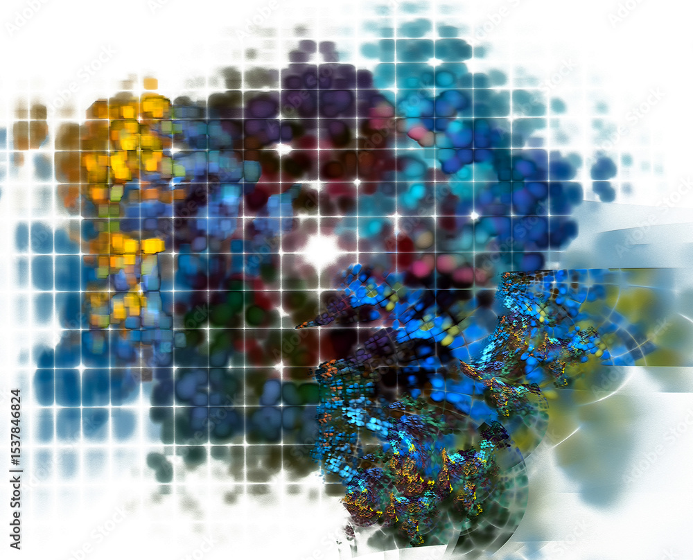 Poster abstract geometric colorful background filled with small colorful spots divided by a square grid. 3d