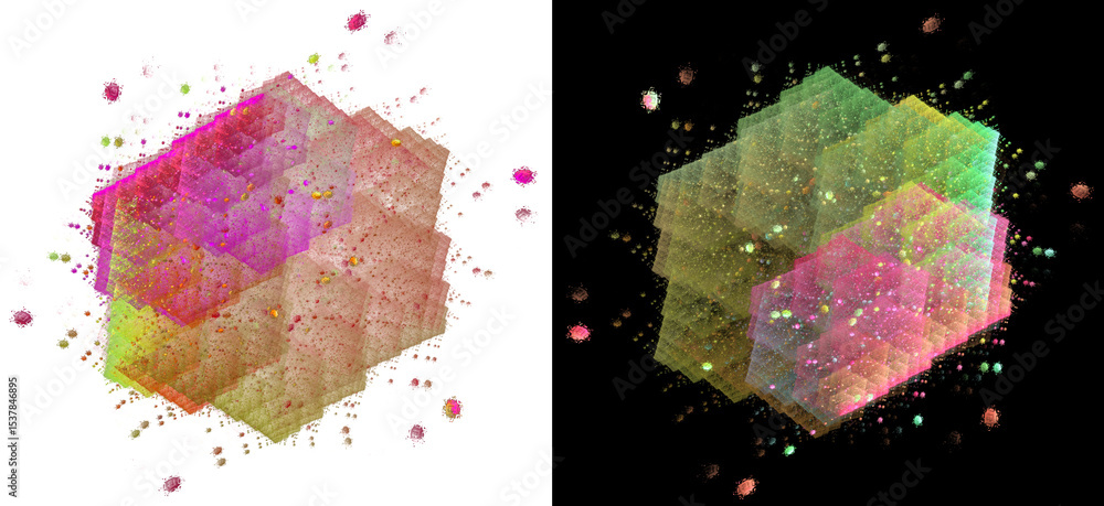 Poster blurred abstract hexagons in pastel shades form two large hexagons on a white and black background. 