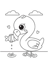 Coloring book  flamingo happily holding a striped fish in its beak, with water ripples