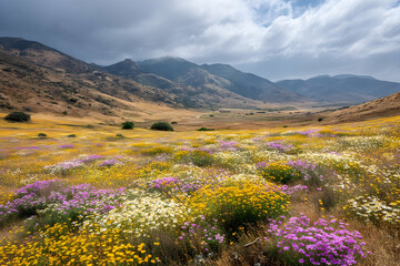A vast valley floor blanketed in wildflowers.