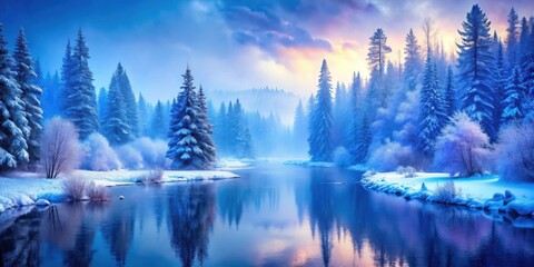 Fototapeta premium Serene Winter River Scene with Snow-Covered Evergreens Reflecting in Still Waters at Dawn