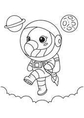 Coloring book flamingo dressed as an astronaut, happily floating in space among planets