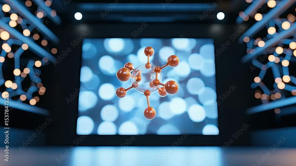 Poster abstract illustration of molecules with soft blue bokeh background and dynamic lighting effects in m
