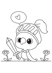 Coloring book flamingo wearing a knight's helmet and cape,