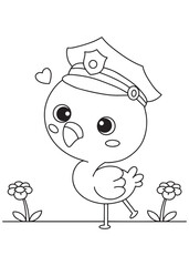 Coloring book flamingo wearing a police hat, standing proudly with a sweet heart bubble.