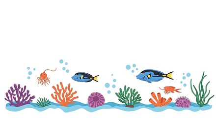 Fototapeta premium Cartoon illustration of tang fish swimming among coral and bubbles in an ocean scene design