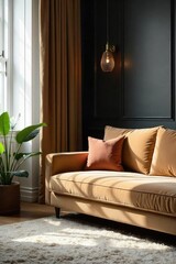 Luxurious velvet sofa adds a touch of elegance and comfort to a modern master bedroom, perfect for relaxing and unwinding , sofa, velvet sofa, room
