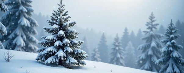 Obraz premium Majestic winter pine tree covered in a thick blanket of snow, branches laden with frost, serene winter landscape , season, snowy landscape