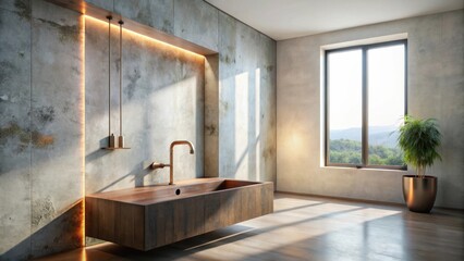 Fototapeta premium Modern minimalist bathroom design featuring a wooden sink and copper faucet, illuminated by warm ambient lighting, situated against a textured wall with a large window overlooking a serene landscape.