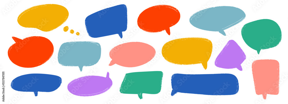 Aufkleber Colored hand drawn speech bubble collection. Doodled dialog box set. Scribbled textured marker comic talk frames. Red, blue, green balloon text box bundle. Bright sketched chat box pack. Vector 
