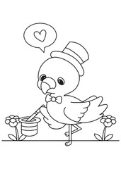 Coloring book flamingo wearing a top hat and bow tie, performing a magic trick 