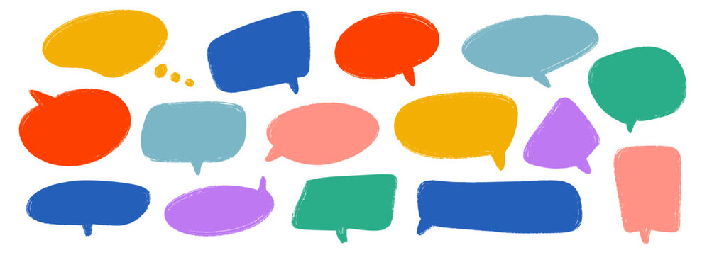 Colored hand drawn speech bubble collection. Doodled dialog box set. Scribbled textured marker comic talk frames. Red, blue, green balloon text box bundle. Bright sketched chat box pack. Vector 