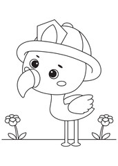 Coloring book flamingo wearing a firefighter's helmet, standing gracefully among sweet flowers