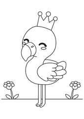 Coloring book flamingo wearing a cute crown, standing gracefully with closed eyes