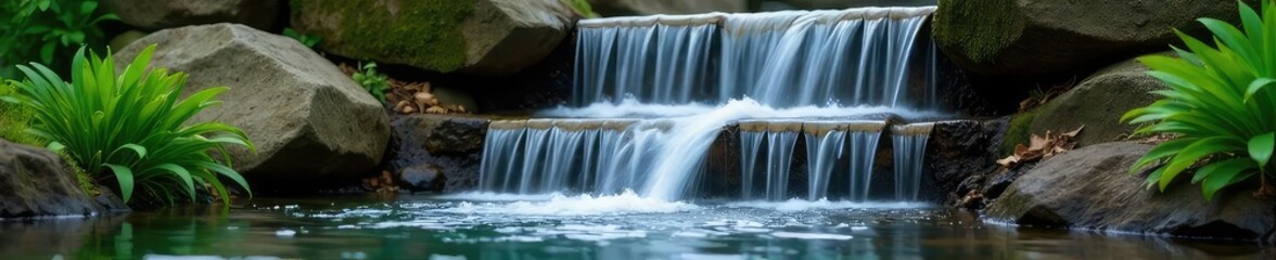 Serene cascading water flows down tiered levels of a tranquil waterfall fountain, creating a peaceful and refreshing atmosphere Perfect for relaxation and nature themes , water, texture, mist