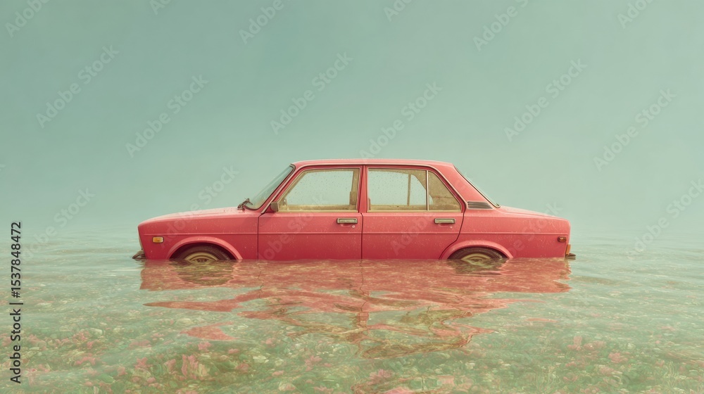 Poster flood warning with partially submerged red car in water canal highlighting vehicle damage and traffi