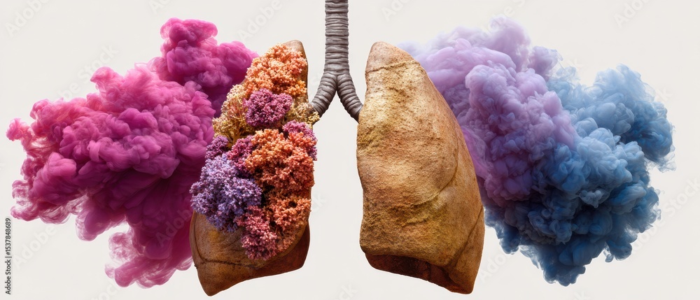 Poster artistic medical visualization of lungs with highlighted tumors and anatomical structures for oncolo