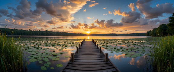 Sunset Lakeside Panorama with Wooden Dock and Lily Pads