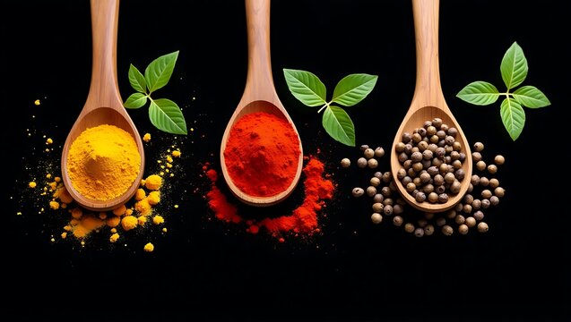 Three wooden spoons filled with turmeric powder paprika and peppercorns on black background