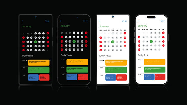 Mobile Calendar Planner App UI – Smartphone Meeting Scheduler and Daily Task Agenda Template | Vector Design