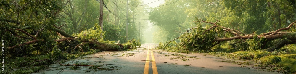 Poster Tornado Damage on Road with Fallen Trees and Downed Power Lines Blocking Passage - Emergency Response and Community Resilience Concept