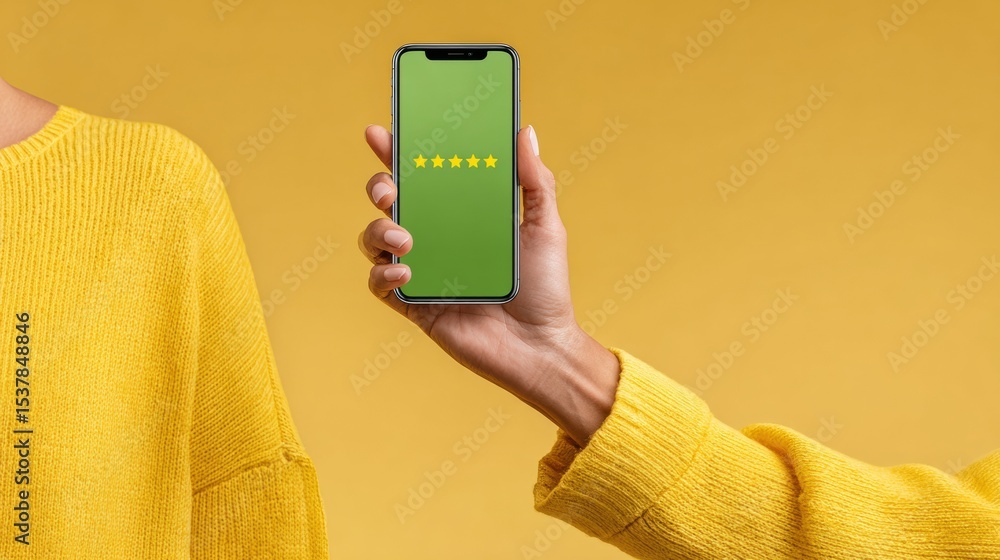 Poster modern smartphone five star rating with digital overlay in warm yellow setting for customer experien