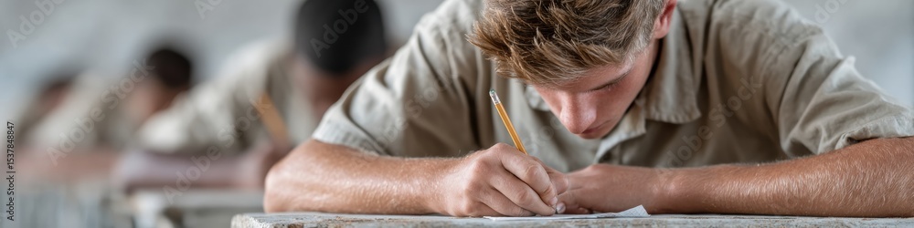 Poster focused students in uniforms taking classroom exam at desks with answer sheets and pens, representin