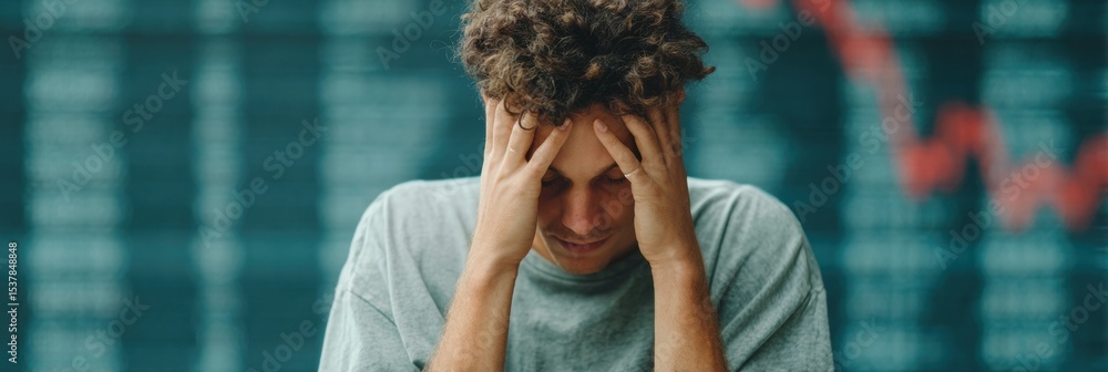 Poster Stressed Stock Exchange Trader Experiencing Market Collapse with Red Declining Graphs and Real-Time Data - Financial Risk and Emotional Impact Concept