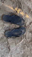 Two black flip-flops rest on sandy ground, partially covered by fine sand particles. The textured...