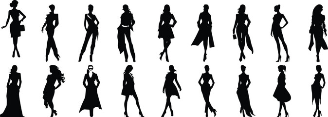 Stylish Female Silhouettes in Various Outfits: Modern Fashion Illustrations for Design Projects