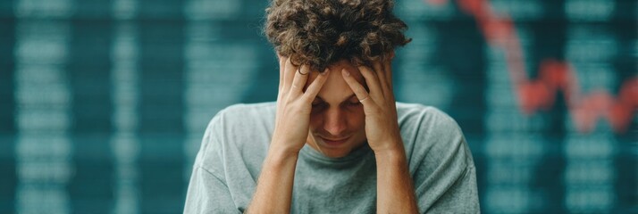 Stressed Stock Exchange Trader Experiencing Market Collapse with Red Declining Graphs and Real-Time Data - Financial Risk and Emotional Impact Concept